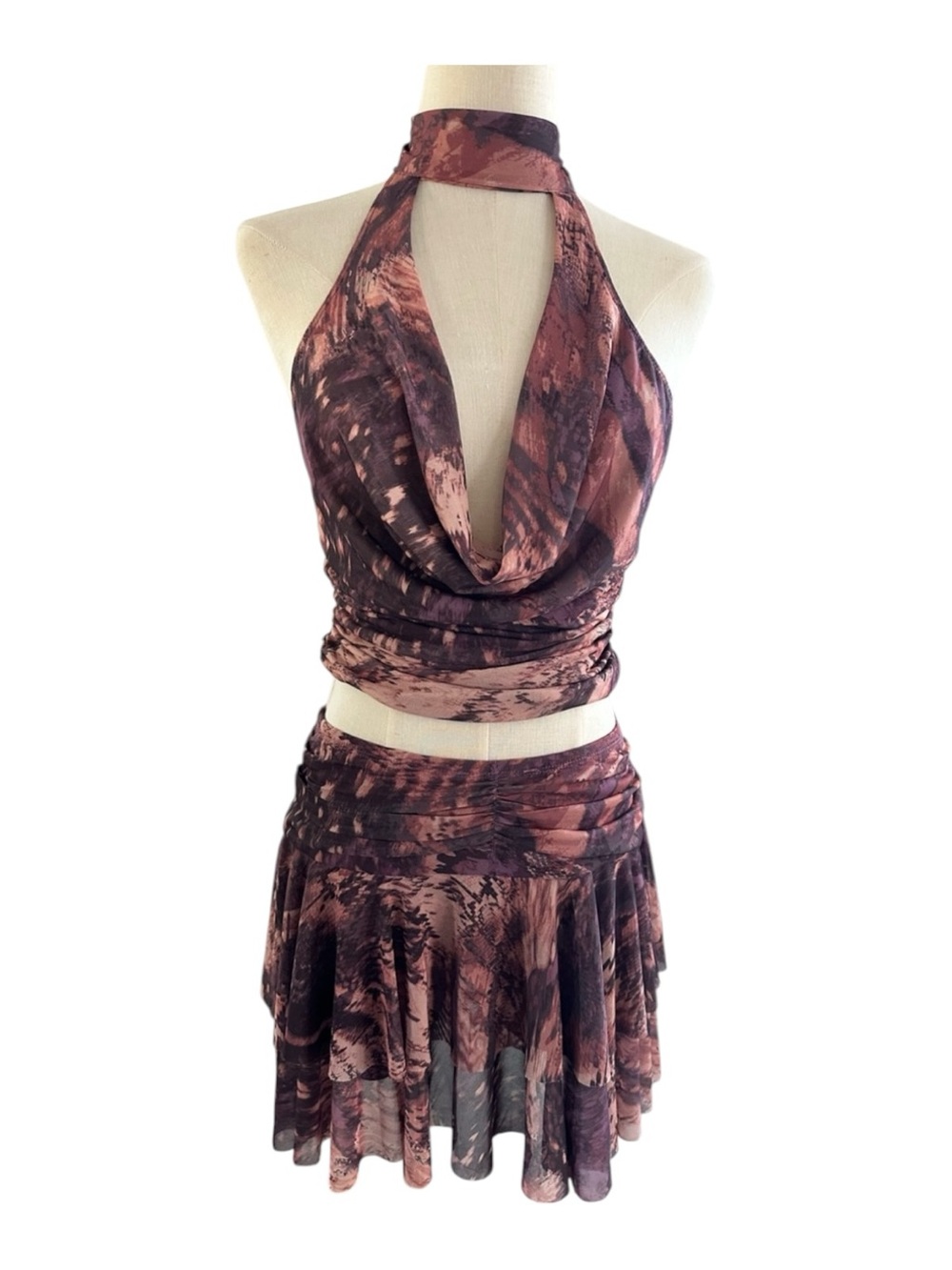 Bear Dance Pink Brown Abstract Halter Crop Top & Flared Skirt Set